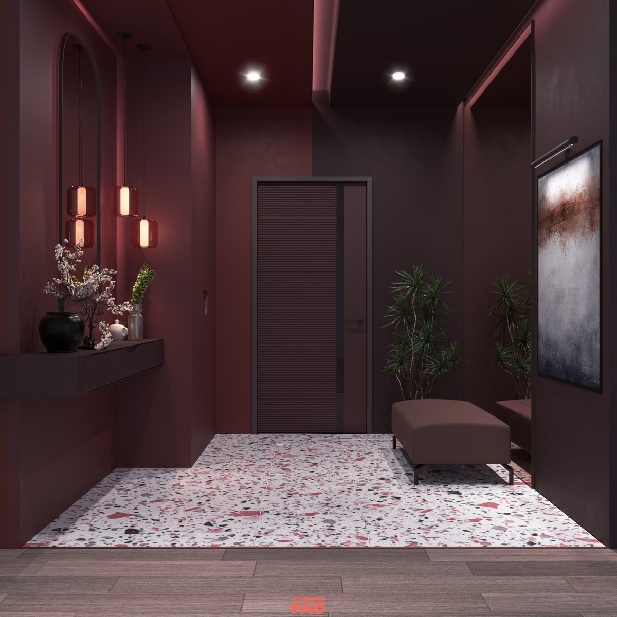 Bordo tonlu giriş holü, terrazzo zemin ve sarkıt aydınlatmalar