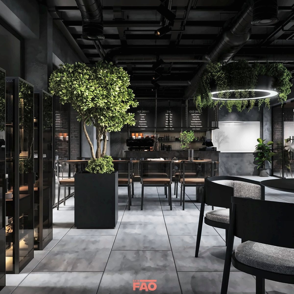 Saksıda büyük ağaç, ortak masa ve arkada bar
