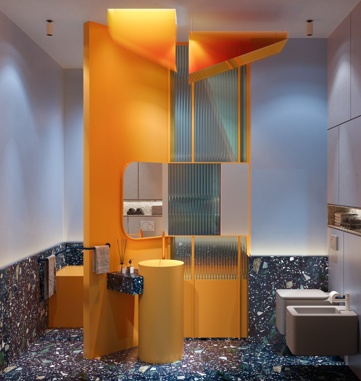Banyo: turuncu bölücü panel, silindir lavabo ve terrazzo kaplama