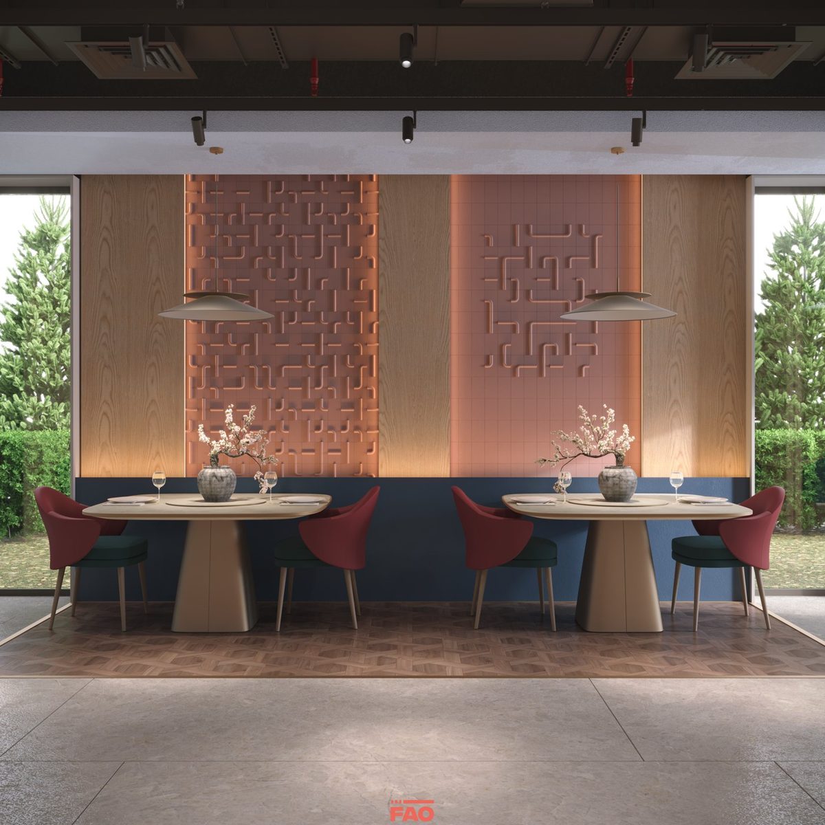 Kabartmalı panel duvar önünde iki masalı yemek alanı